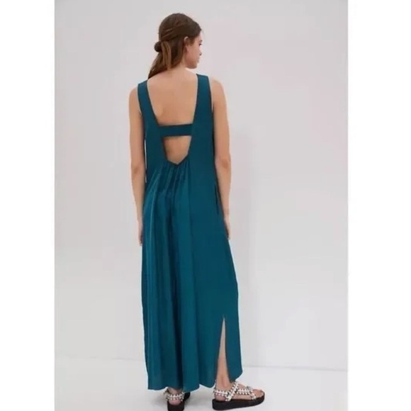 NWT Anthropologie Juniper Dark Turquoise Wide-Leg V-Neck Cut-Out Jumpsuit - Picture 1 of 11